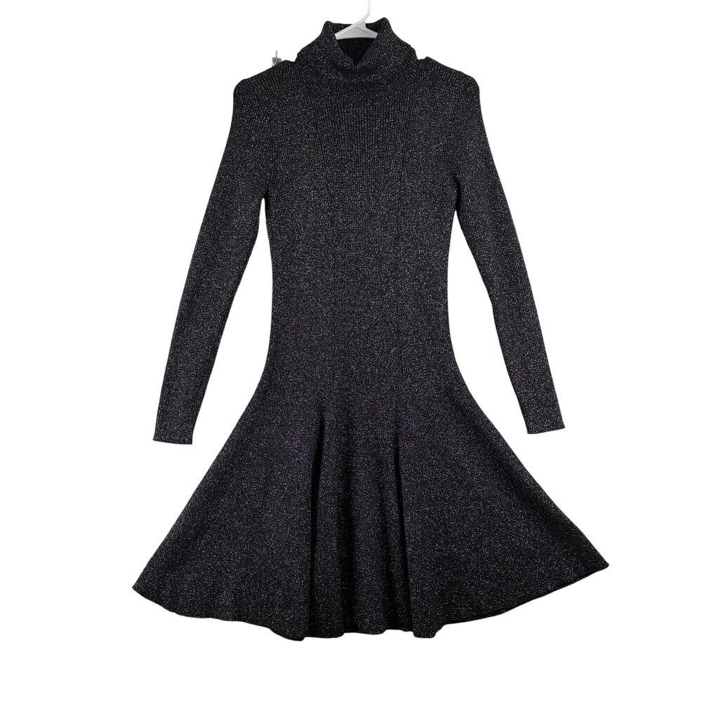 Calvin Klein Turtleneck Sweater Dress Women Small Black Metallic Sparkle Stretch